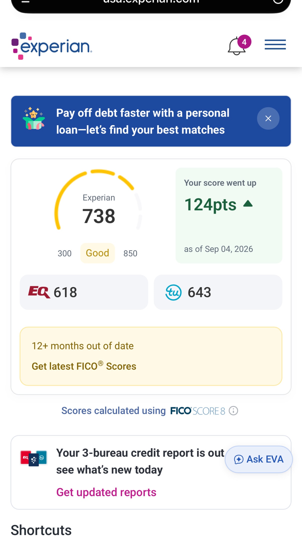 Experian 738 score up 124 points