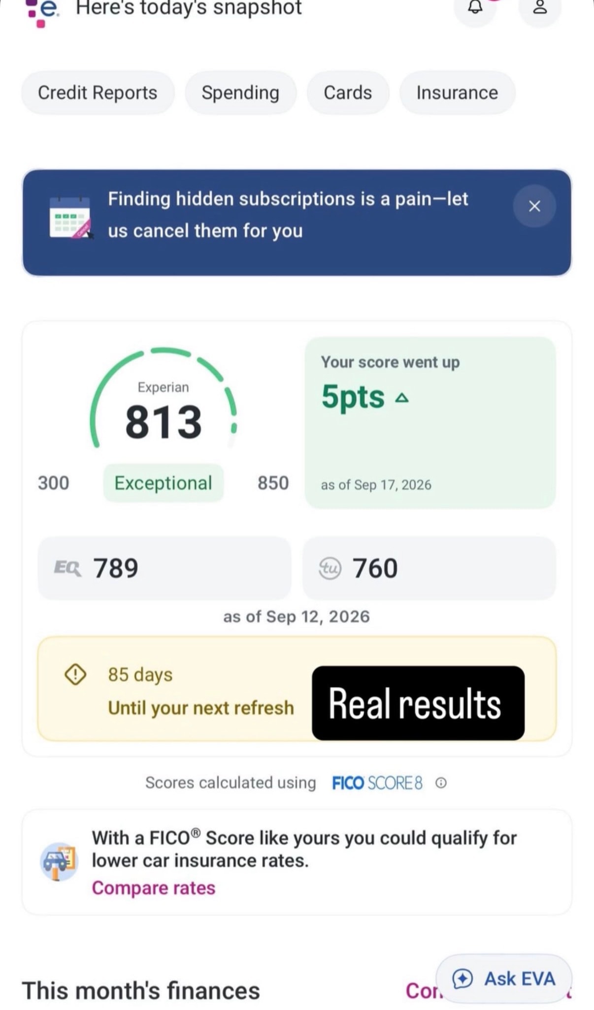 Experian 813 Exceptional credit score